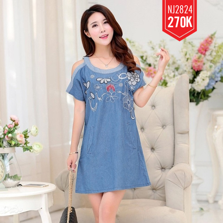 ĐẦM JEAN SUÔNG KHOÉT VAI THÊU HOA